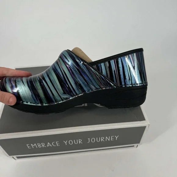 NIB Dansko Teal Striped patent leather slip on clogs multi sizes - Picture 3 of 6